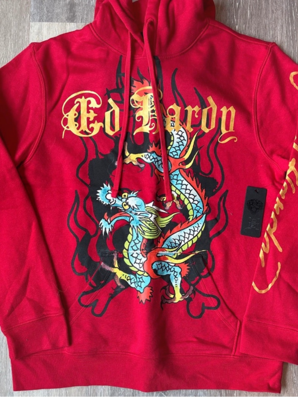 Ed Hardy Red Hoodie with Multicolor Dragon Print